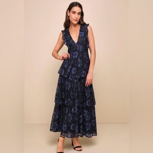 Lulu's Navy Blue Floral Lace Maxi Dress